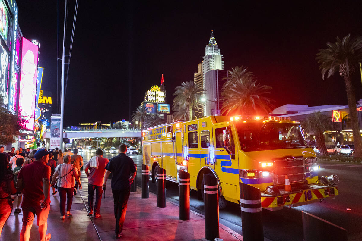 The Clark County Fire Department responds to an incident on the Strip on Saturday, July 16, 202 ...