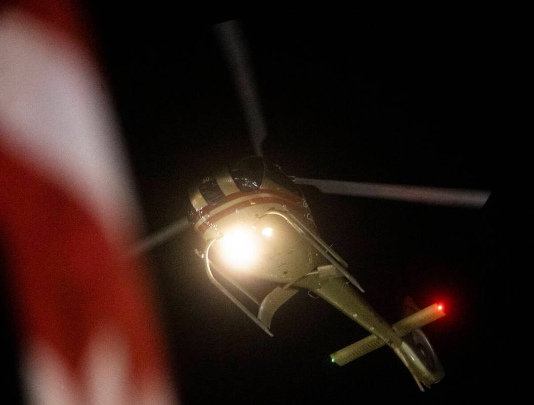 Helicopters patrol the Strip on Saturday, July 16, 2022, Las Vegas. (Benjamin Hager/Las Vegas R ...