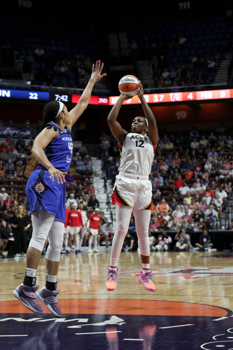 Chelsea Gray #12 of the Las Vegas Aces shoots the ball during the game against the Connecticut ...