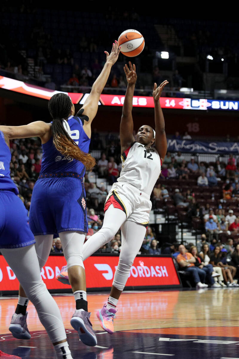 Chelsea Gray #12 of the Las Vegas Aces shoots the ball during the game against the Connecticut ...