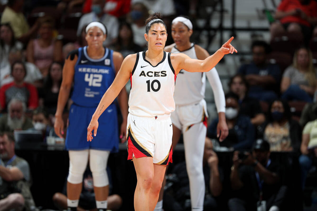 Kelsey Plum #10 of the Las Vegas Aces looks on during the game against the Connecticut Sun on J ...