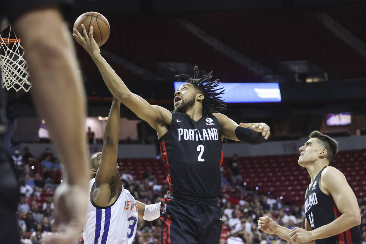 Portland Trail Blazers' Trendon Watford lays up the ball against New York Knicks during the fir ...
