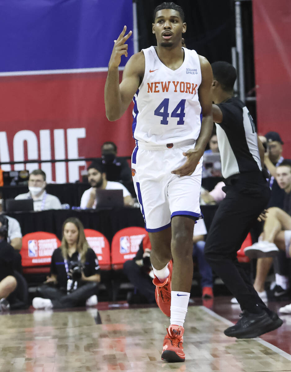 New York Knicks' Feron Hunt celebrates after scoring against the Portland Trail Blazers during ...