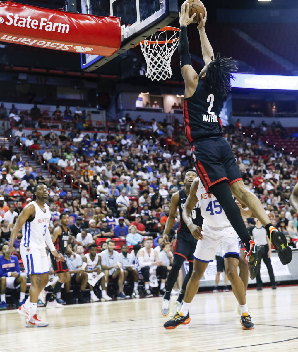 Portland Trail Blazers' Trendon Watford dunks the ball against the New York Knights during the ...