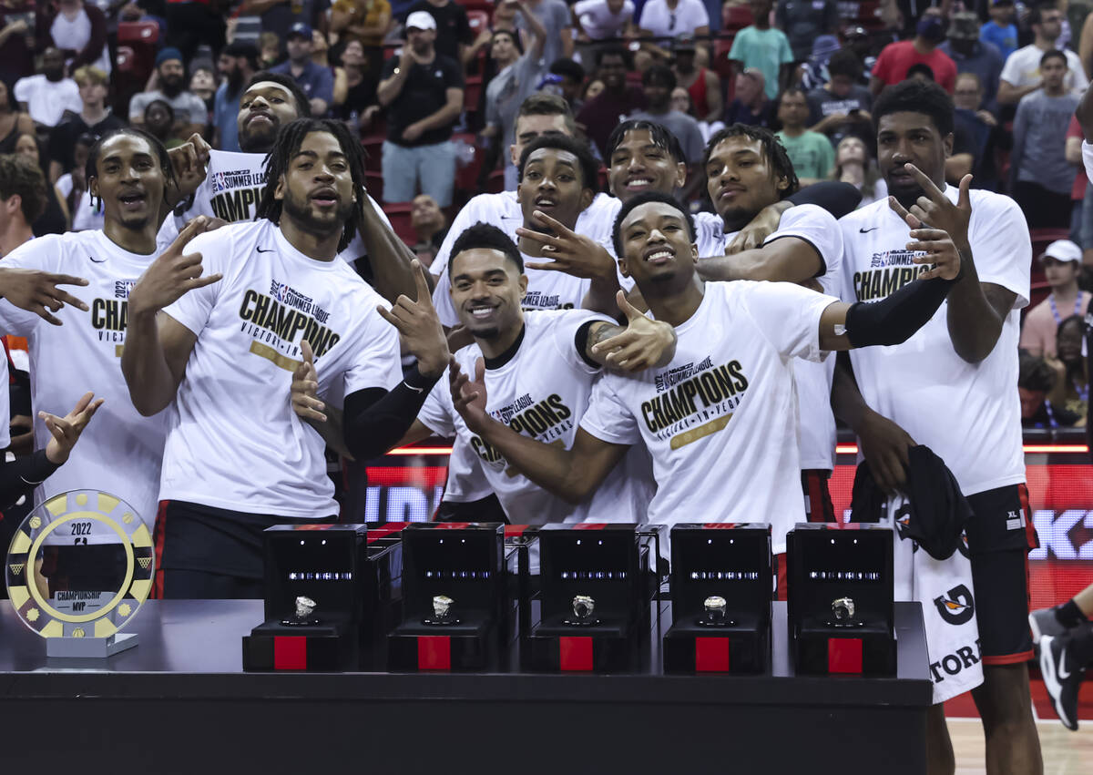 The Portland Trail Blazers celebrate after defeating the New York Knicks to win the NBA Summer ...