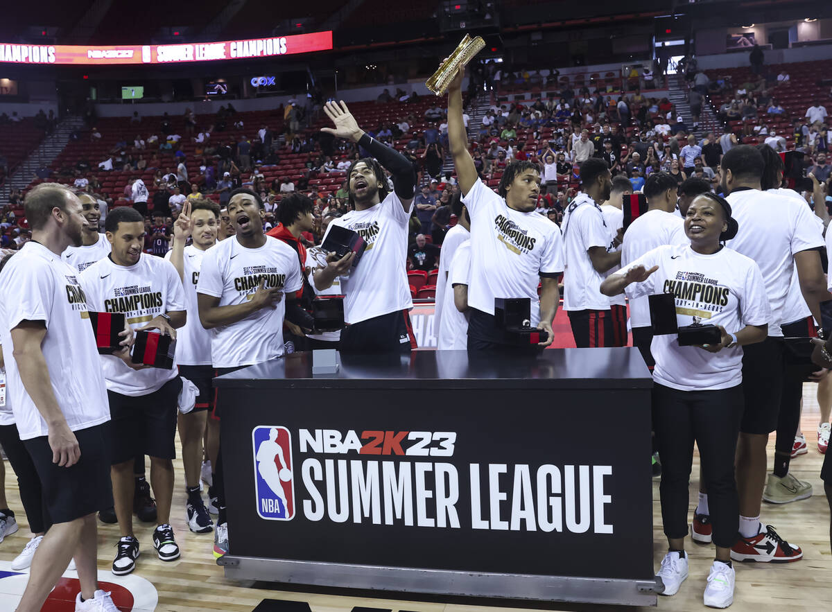 The Portland Trail Blazers celebrate after defeating the New York Knicks to win the NBA Summer ...