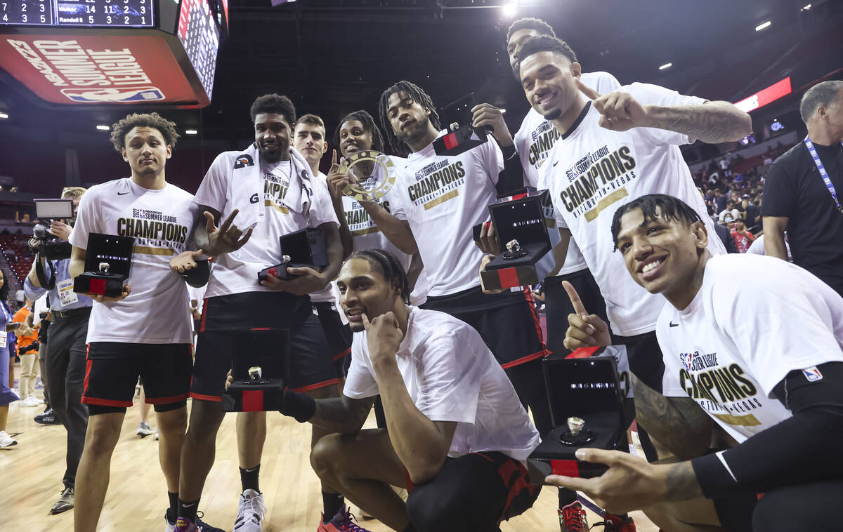 The Portland Trail Blazers celebrate after defeating the New York Knicks to win the NBA Summer ...