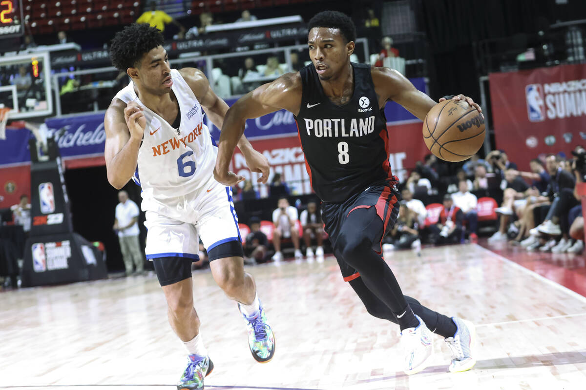 Portland Trail Blazers' Brandon Williams drives the ball against New York Knicks' Quentin Grime ...