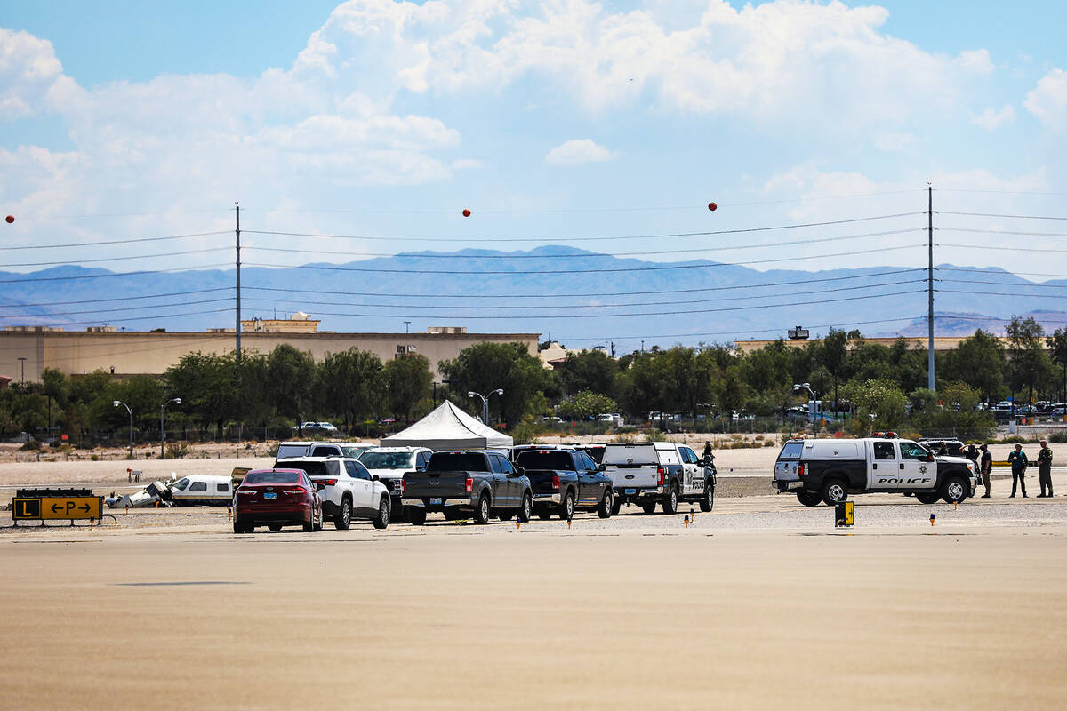 The scene of a plane crash at North Las Vegas Airport in North Las Vegas, Sunday, July 17, 2022 ...