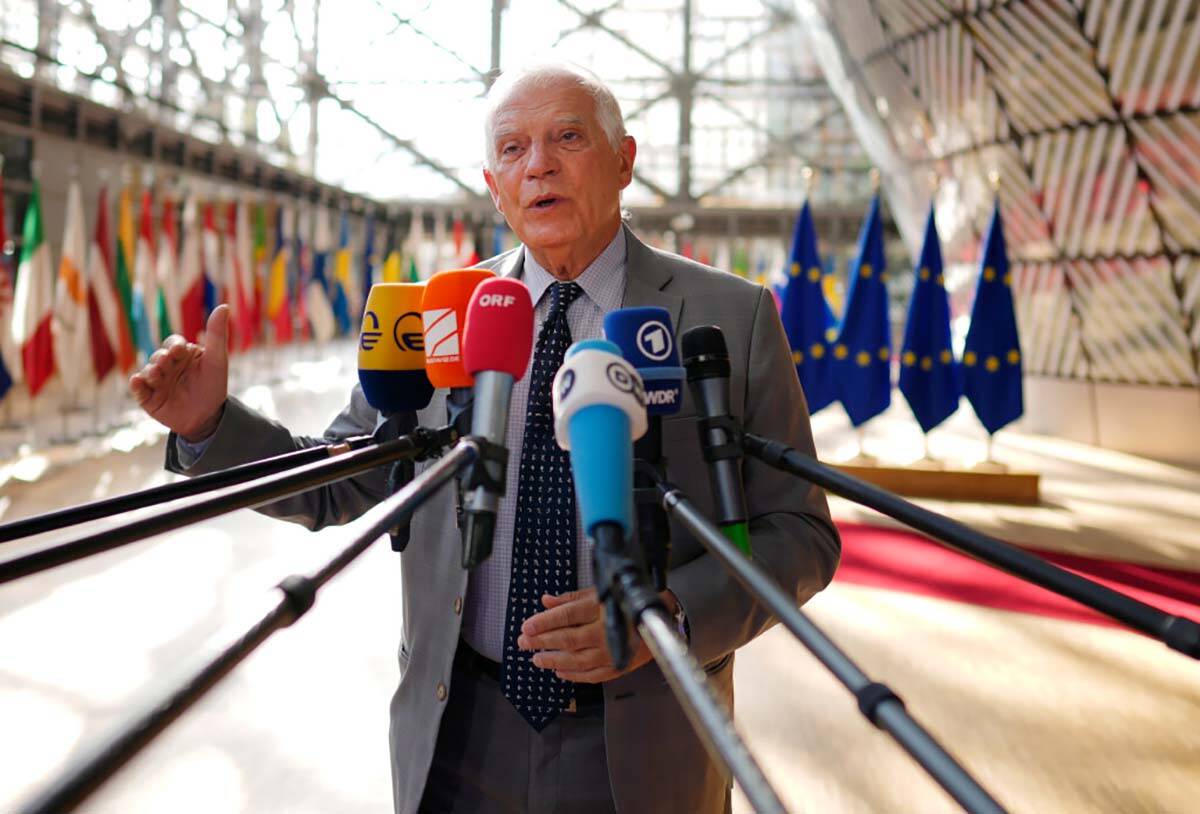 European Union foreign policy chief Josep Borrell speaks with the media as he arrives for a mee ...