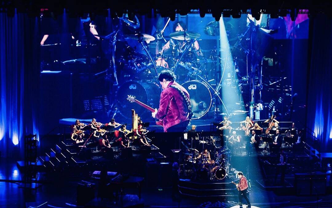 Neal Schon of Journey is shown with The Violution Orchestra of Las Vegas at Resorts World Theat ...