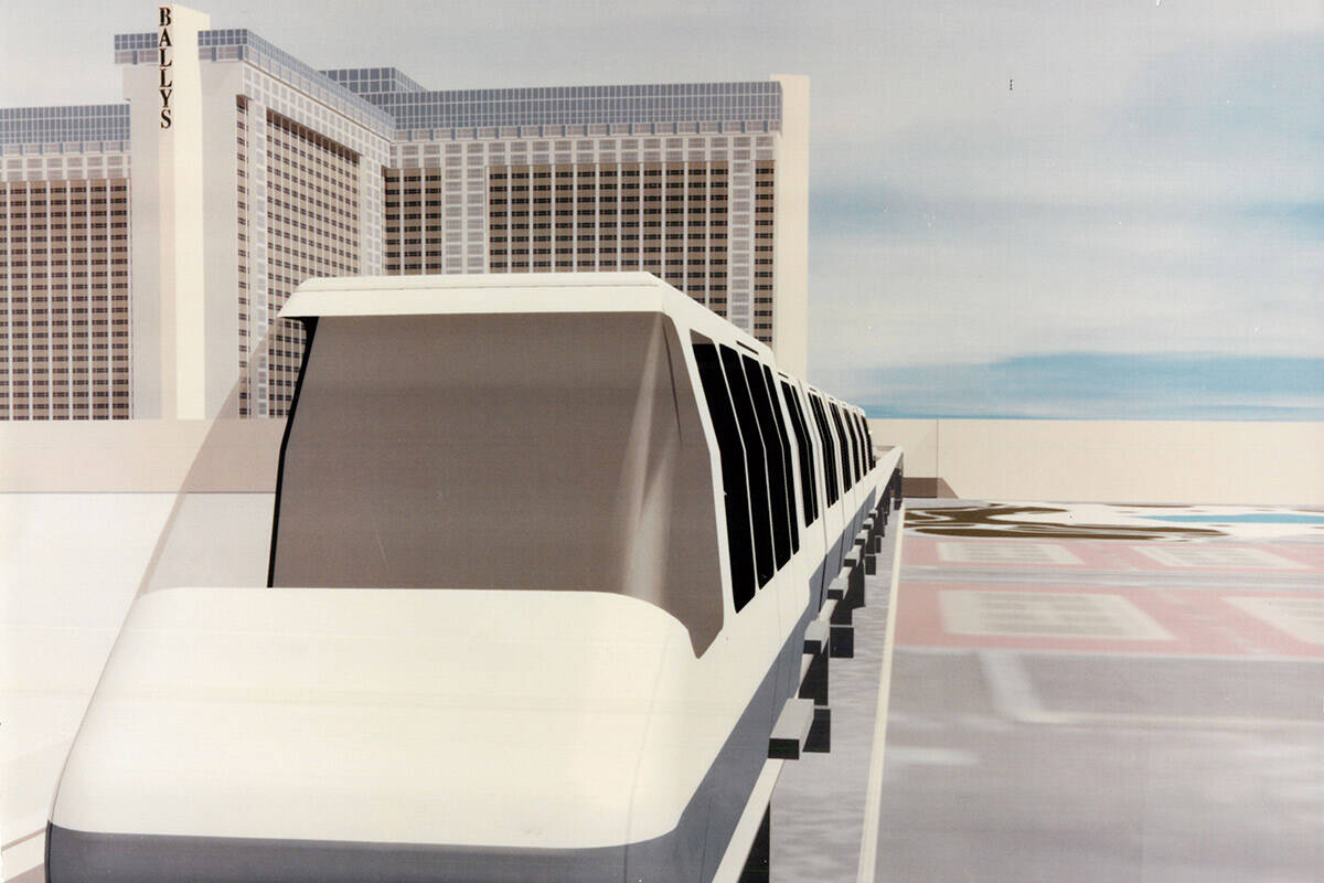 Artist's rendering from May 1993 of the MGM/Bally's Monorail after it is built along Audrie St. ...