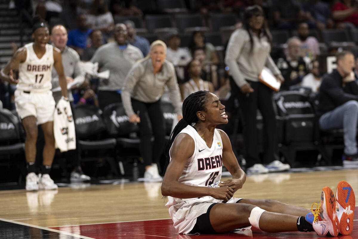 Atlanta Dream guard Tiffany Hayes (15) expresses anger after being fouled by the Las Vegas Aces ...