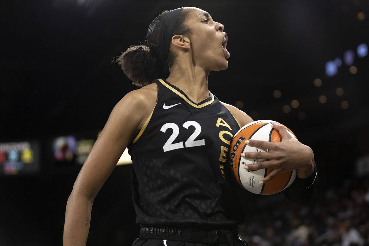 Las Vegas Aces forward A'ja Wilson (22) reacts to a referee’s call during the second hal ...