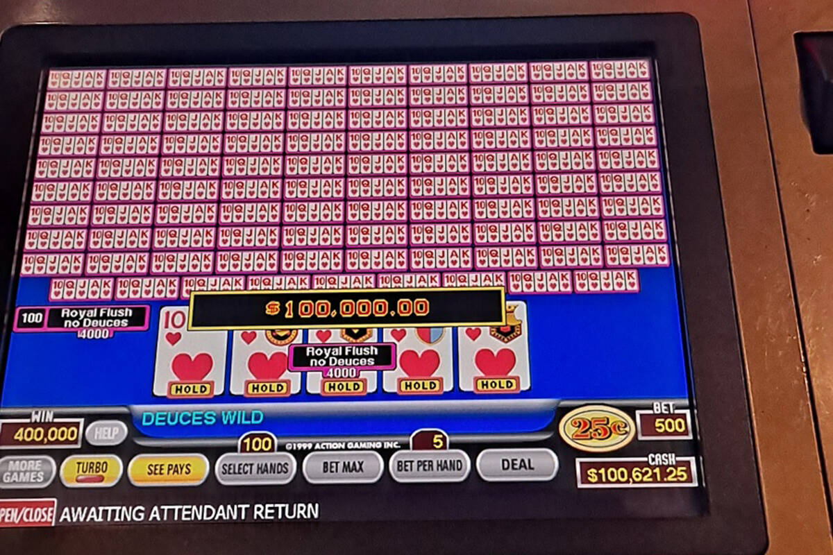 A video poker player won $100,000 on a Hundred Play Draw Poker machine Monday, July 18, 2022, a ...