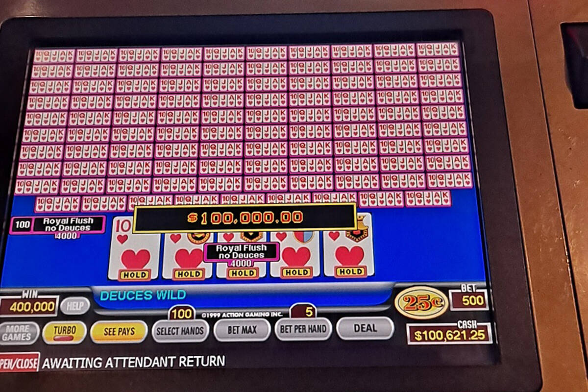 A video poker player won $100,000 on a Hundred Play Draw Poker machine Monday, July 18, 2022, a ...