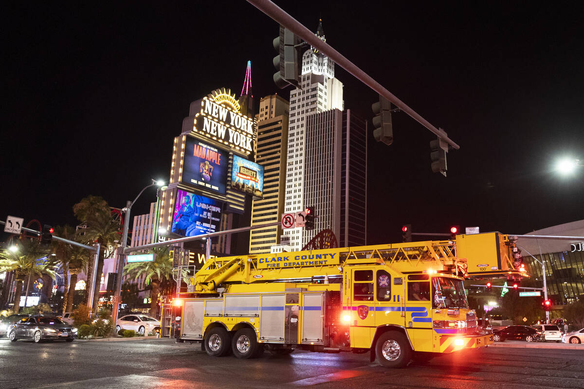 The Clark County Fire Department responds to an incident on the Strip on Saturday, July 16, 202 ...