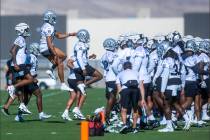 Tight end Darren Waller (83), left, and wide receiver Demarcus Robinson (11) jump as players ru ...