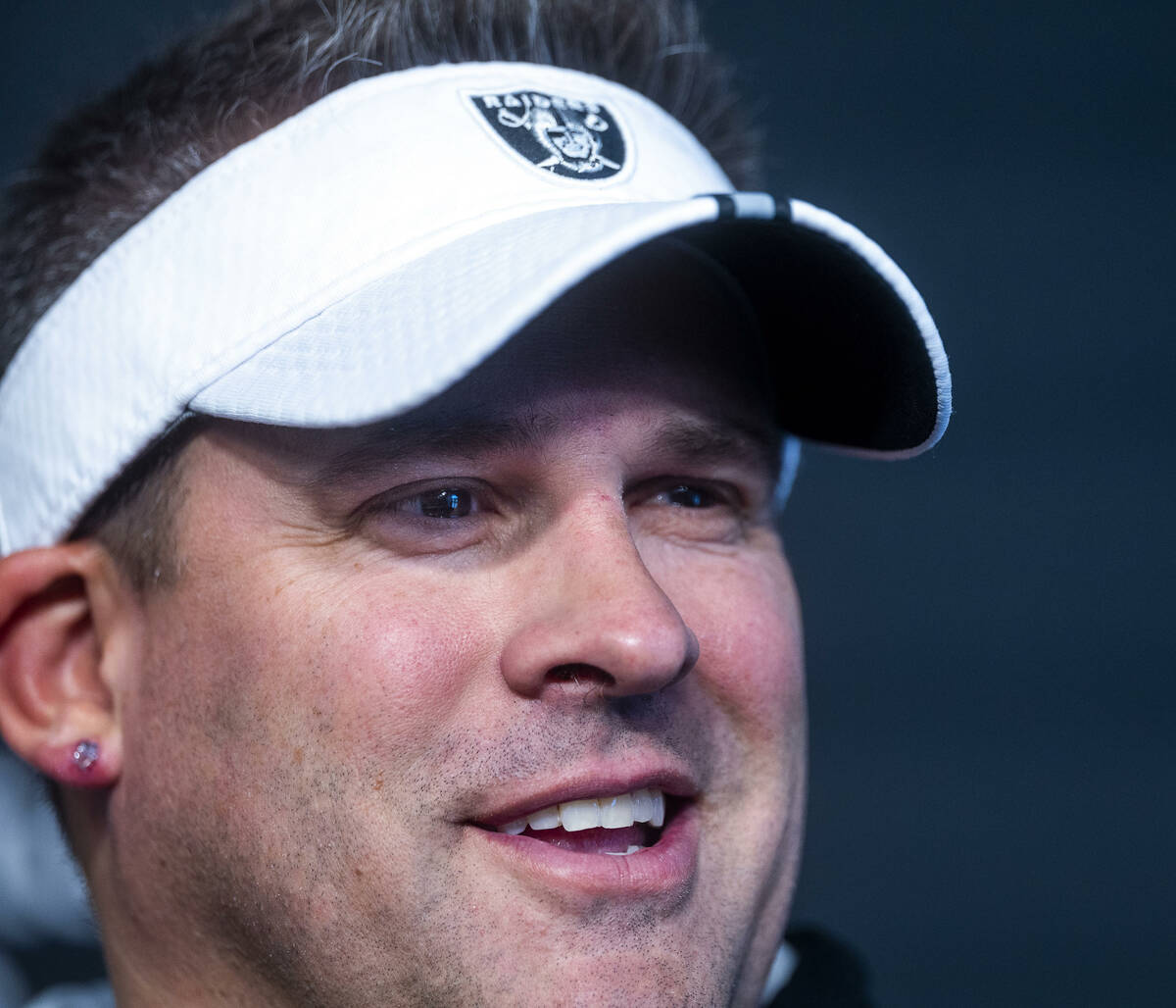 Raiders head coach Josh McDaniels talks about the first pre-season game during their first prac ...