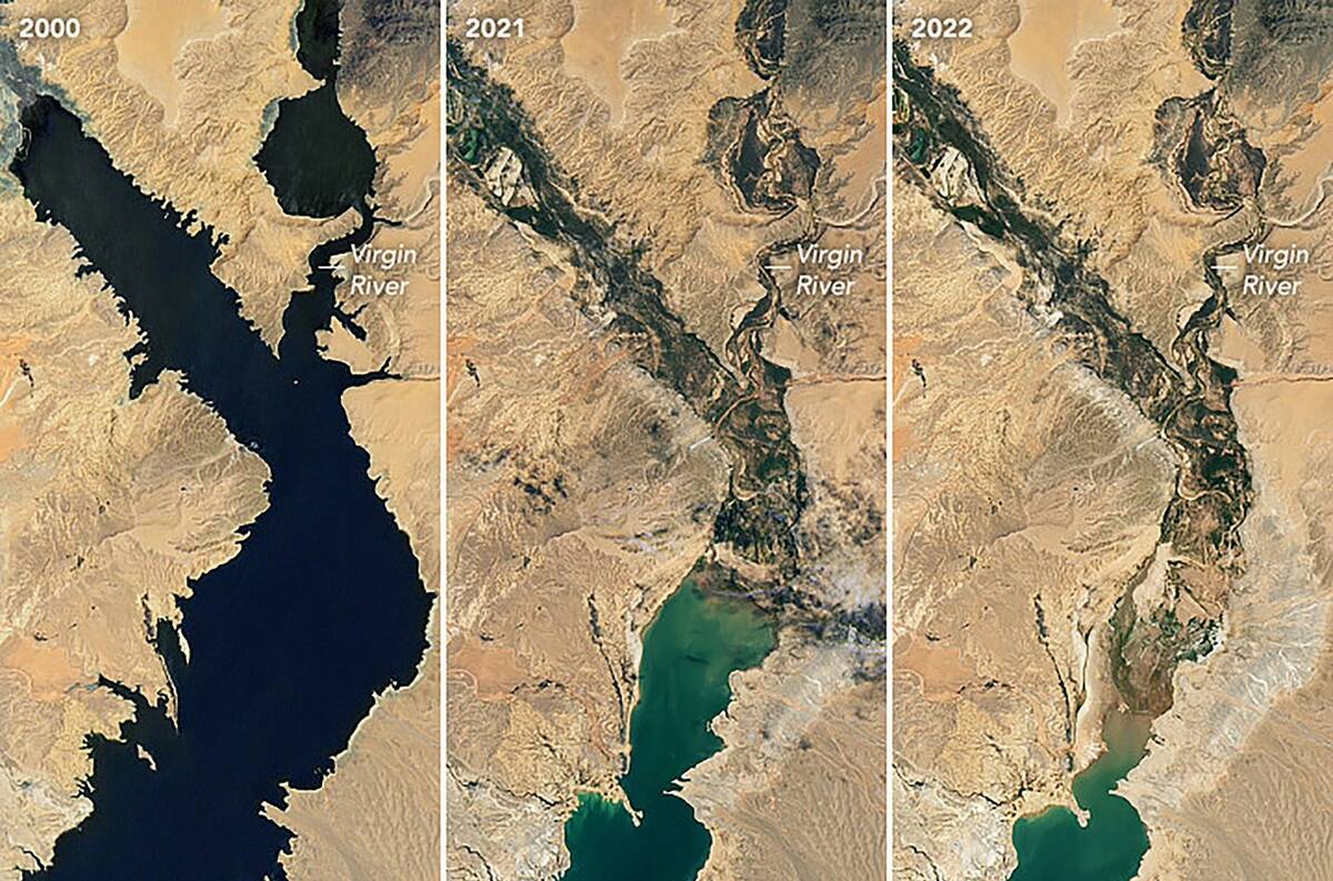 Three photos from space of the Overton Arm of Lake Mead in July 2000 (at left), 2021 (middle) a ...