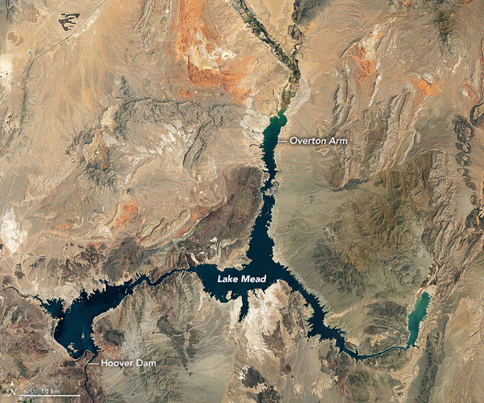 A photo shows Lake Mead in early July 2022. (NASA Earth Observatory)