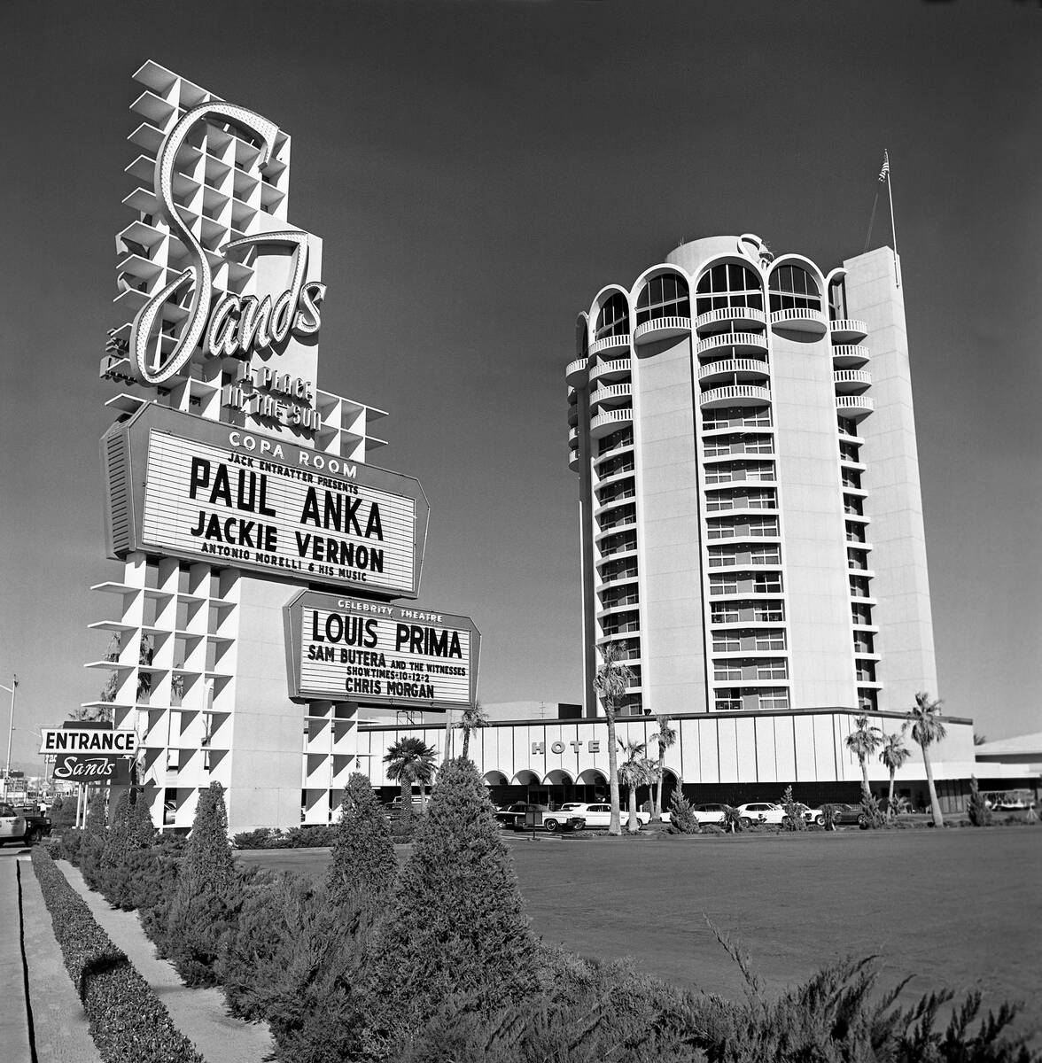 The Sands' marquee touts Paul Anka, Louis Prima, Jackie Vernon and Sam Butera on Feb. 5, 1970. ...