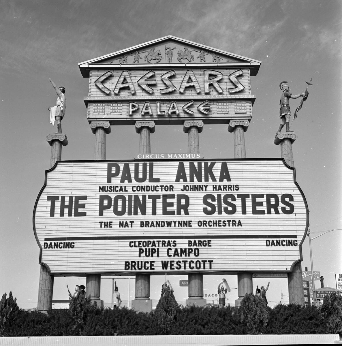 The Caesars Palace marquee advertising Paul Anka, Musical Conductor Johnny Harris, The Pointer ...