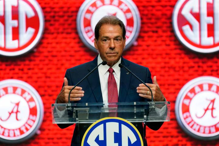 Alabama head coach Nick Saban speaks during NCAA college football Southeastern Conference Media ...