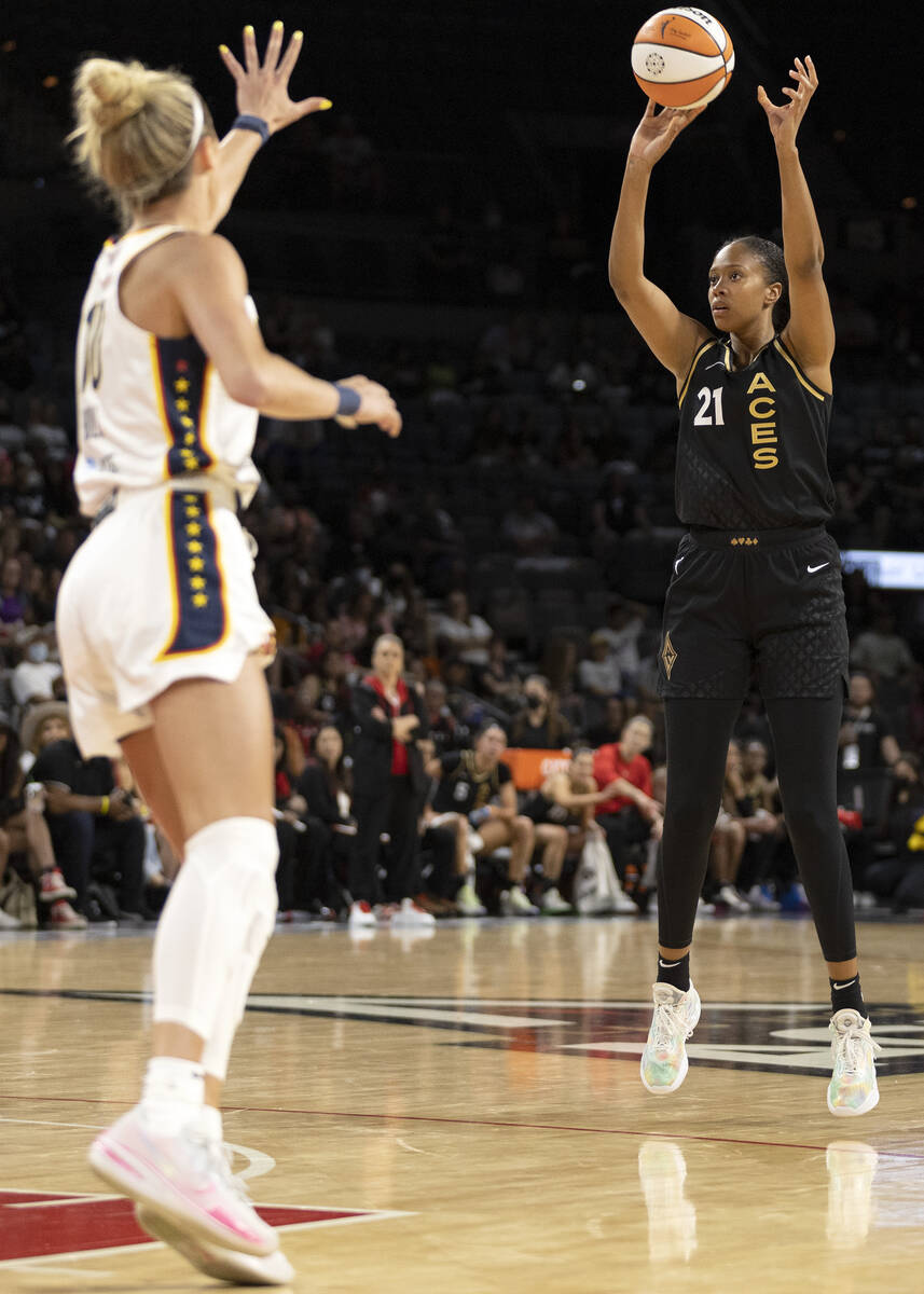 Las Vegas Aces center Iliana Rupert (21) shoots against Indiana Fever guard Lexie Hull (10) dur ...
