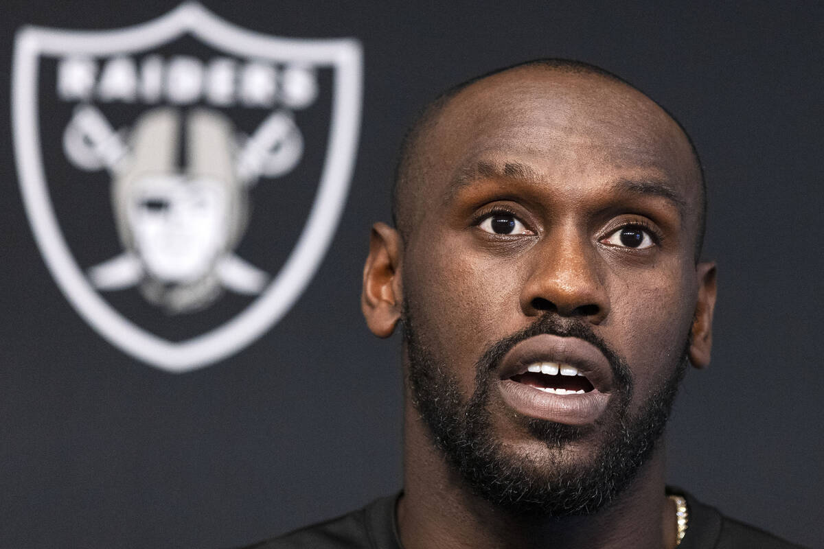Raiders defensive end Chandler Jones speaks during a press conference after team's practice at ...
