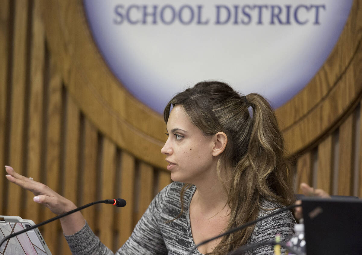 District F Board of School Trustee Danielle Ford speaks during a meeting at the Edward A. Greer ...