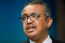 FILE - The head of the World Health Organization, Tedros Adhanom Ghebreyesus speaks during a me ...