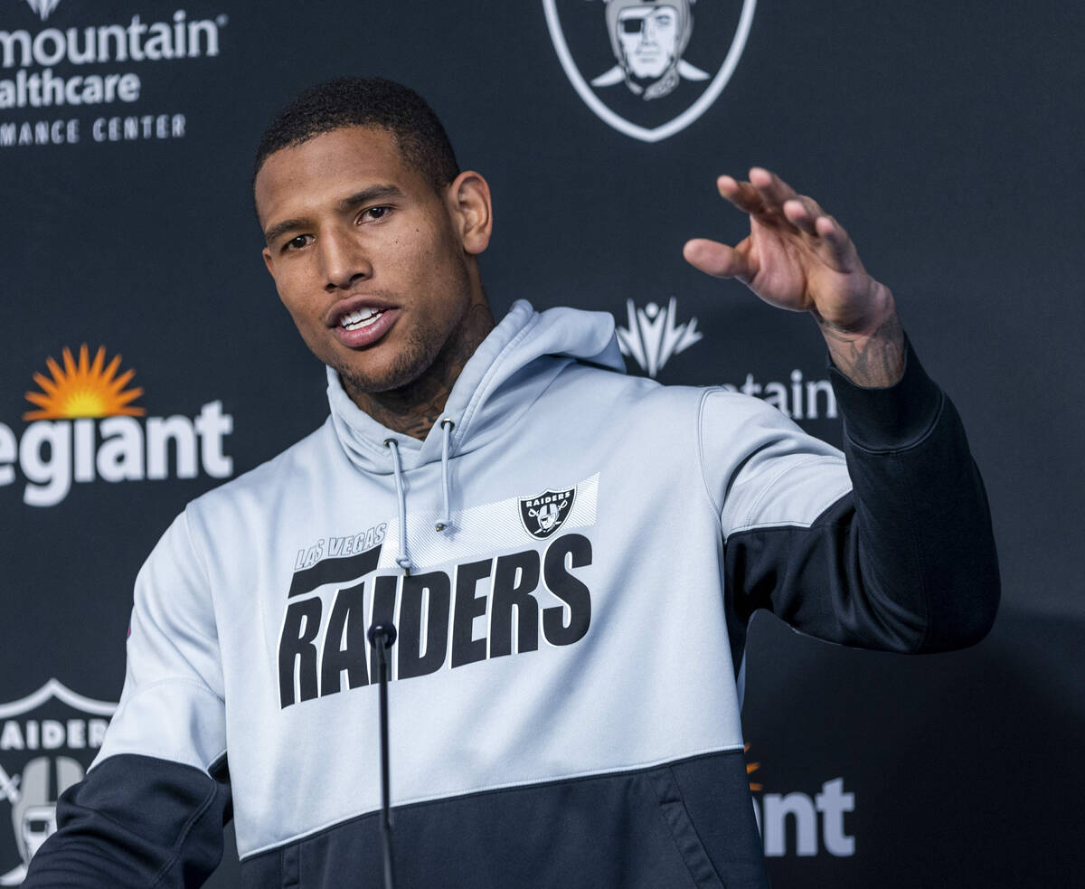 Raiders tight end Darren Waller (83) talks during a press conference at training camp in the In ...