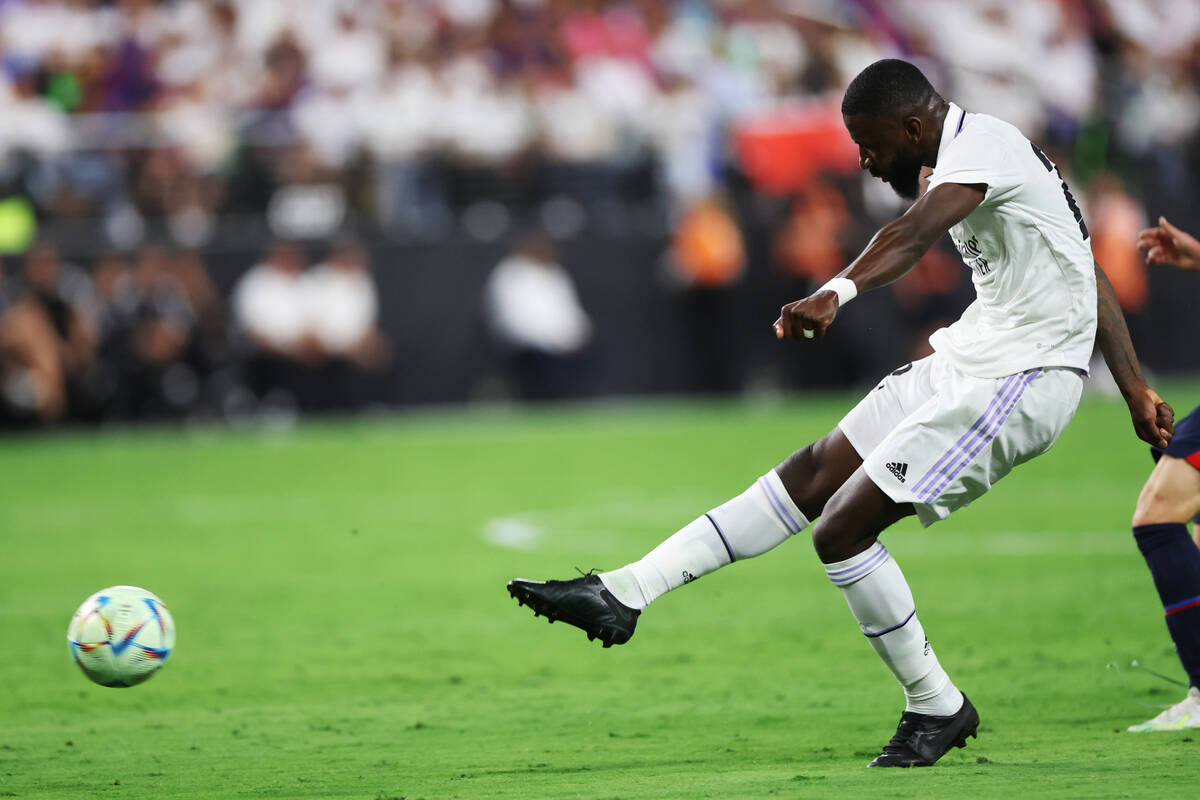 Real Madrid's Antonio Rudiger (22) takes a shot at the goal in the first half during a Champion ...