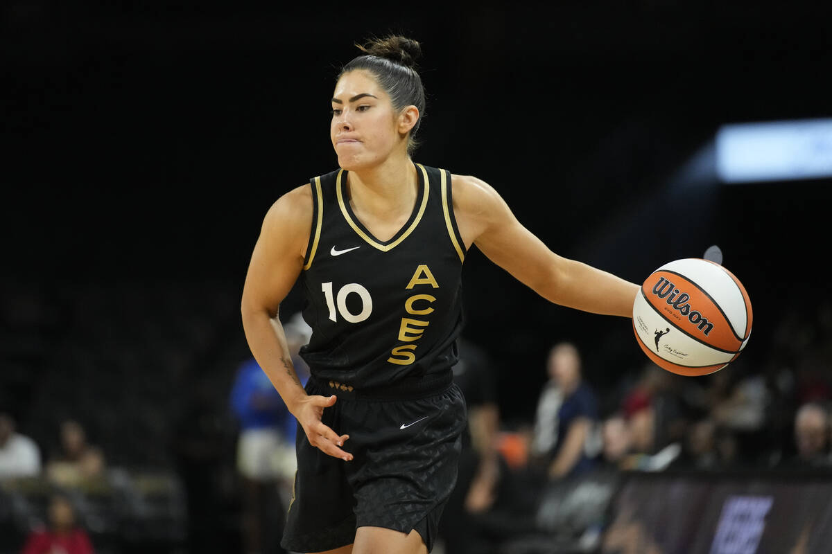 Las Vegas Aces' Kelsey Plum (10) plays against the Dallas Wings in an WNBA basketball game Sund ...