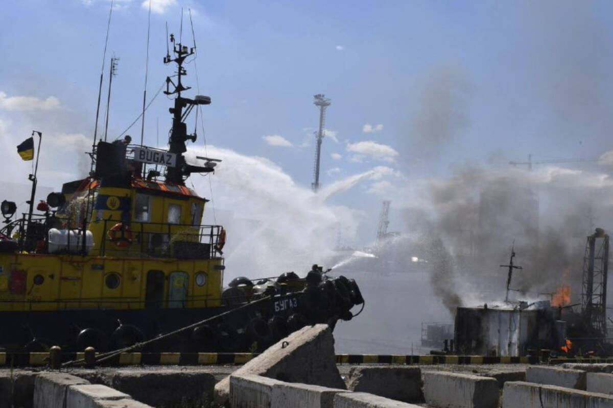 In this photo provided by the Odesa City Hall Press Office, firefighters put out a fire in the ...
