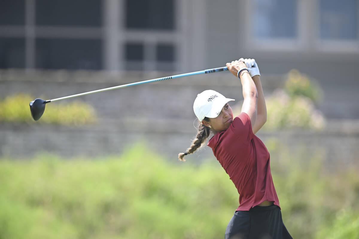 Yana Wilson hits her drive on hole 27 during the final match at the 2022 U.S. Girls' Junior at ...