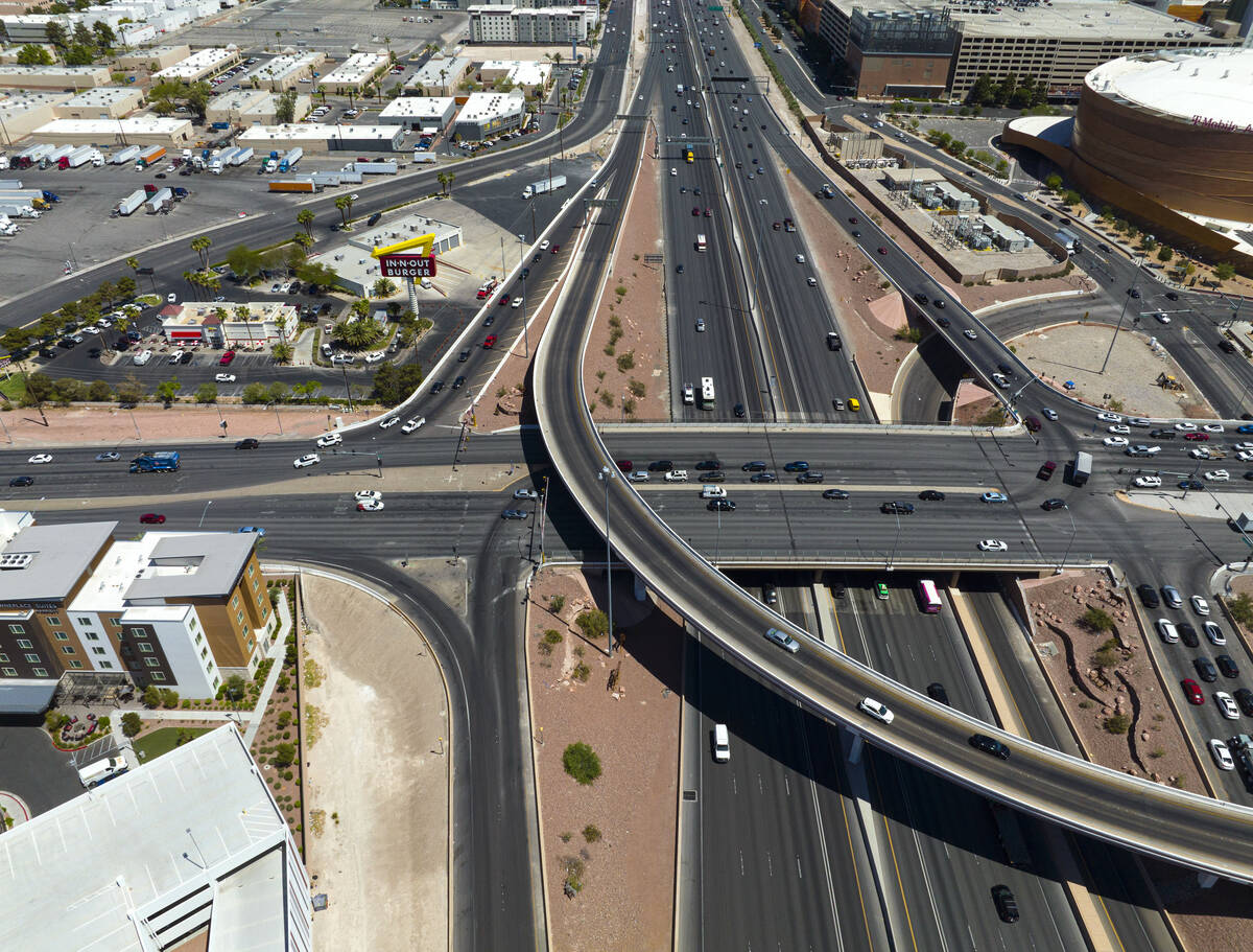 An aerial view of the I-15/Tropicana Interchange on Tuesday, May 31, 2022, in Las Vegas. Crews ...