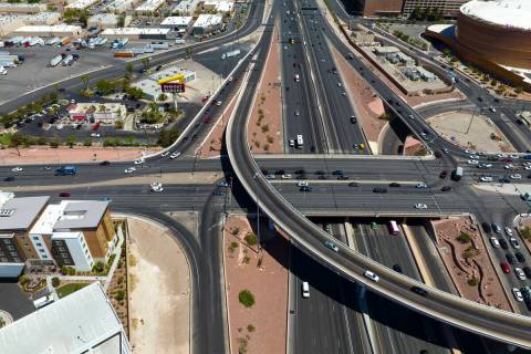 An aerial view of the I-15/Tropicana Interchange on Tuesday, May 31, 2022, in Las Vegas. Crews ...