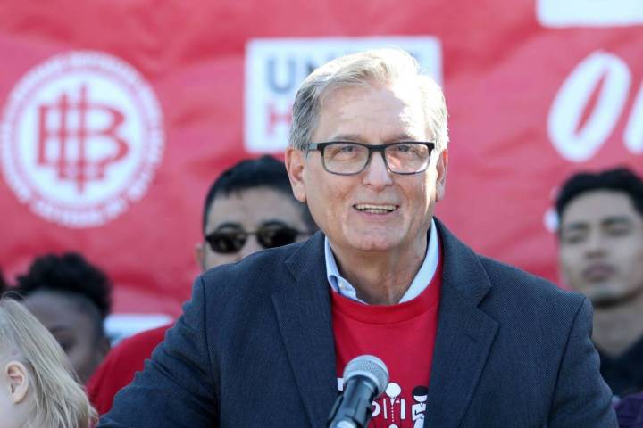 Ted Pappageorge speaks during a press conference at the Culinary Union Hall in Las Vegas in Feb ...