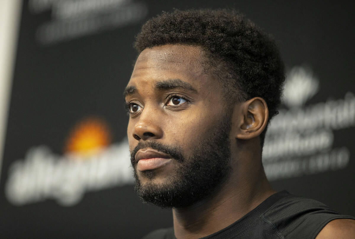 Raiders linebacker Divine Deablo listens to a question during a news conference at the Intermou ...