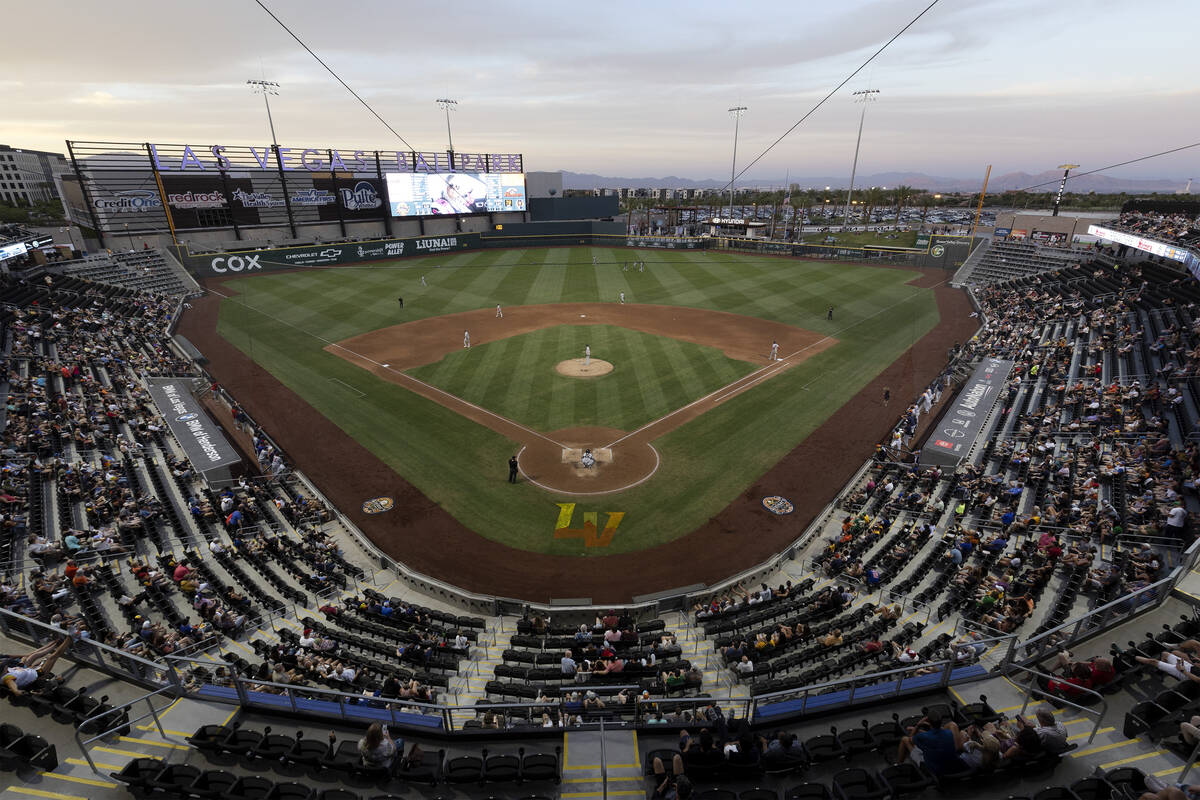 The sun sets over Las Vegas Ballpark during a minor league baseball game between the Round Rock ...