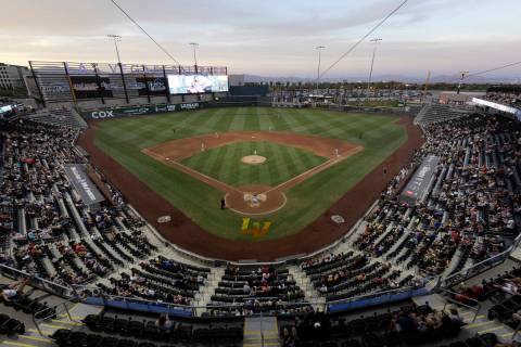 The sun sets over Las Vegas Ballpark during a minor league baseball game between the Round Rock ...