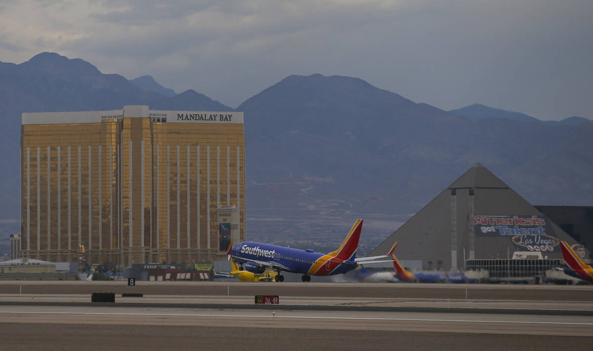 A Southwest plane takes off at Harry Reid International Airport on Tuesday, July 26, 2022, in L ...