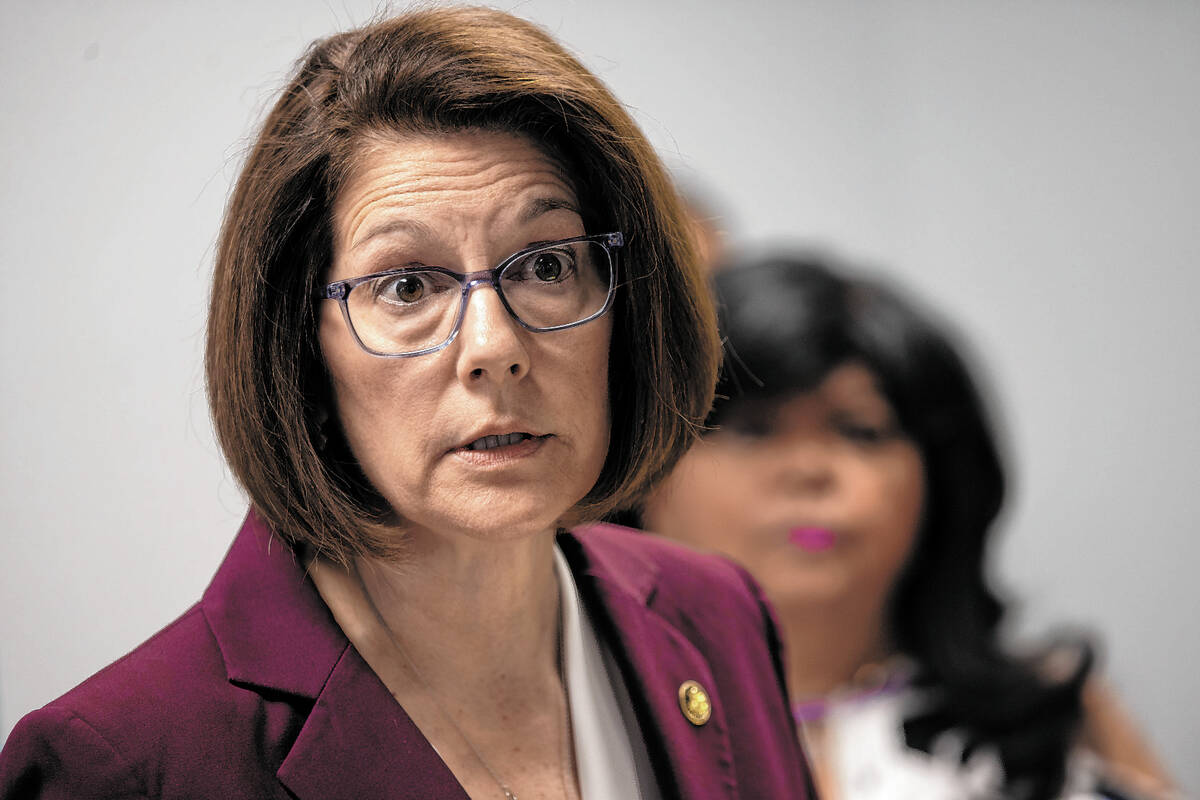 Sen. Catherine Cortez Masto, D-Nev., speaks during a news conference focused on abortion rights ...