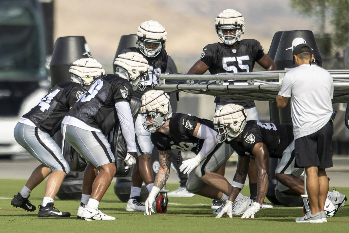 Raiders defensive ends Zach VanValkenburg (54) and Myron Tagovailoa-Amosa (69) hold pads as def ...
