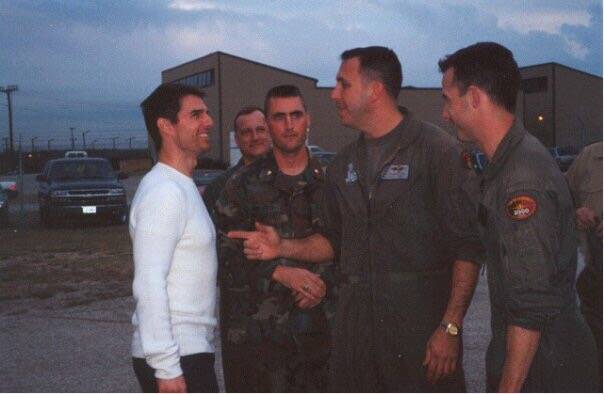 Ross Scanio and a group of unidentified fighter pilots pose with actor Tom Cruise at a Texas mi ...