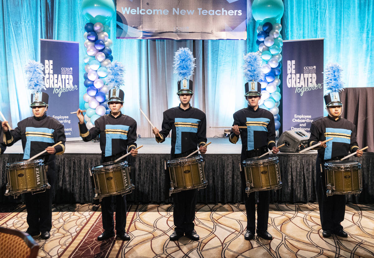 Members of the Foothill High School drum line perform during a new teacher kickoff event at the ...