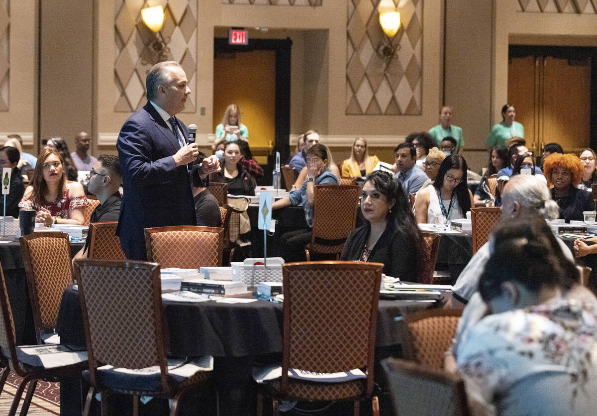 Superintendent Jesus Jara speaks during a new teacher kickoff event at the Rio on Thursday, Jul ...