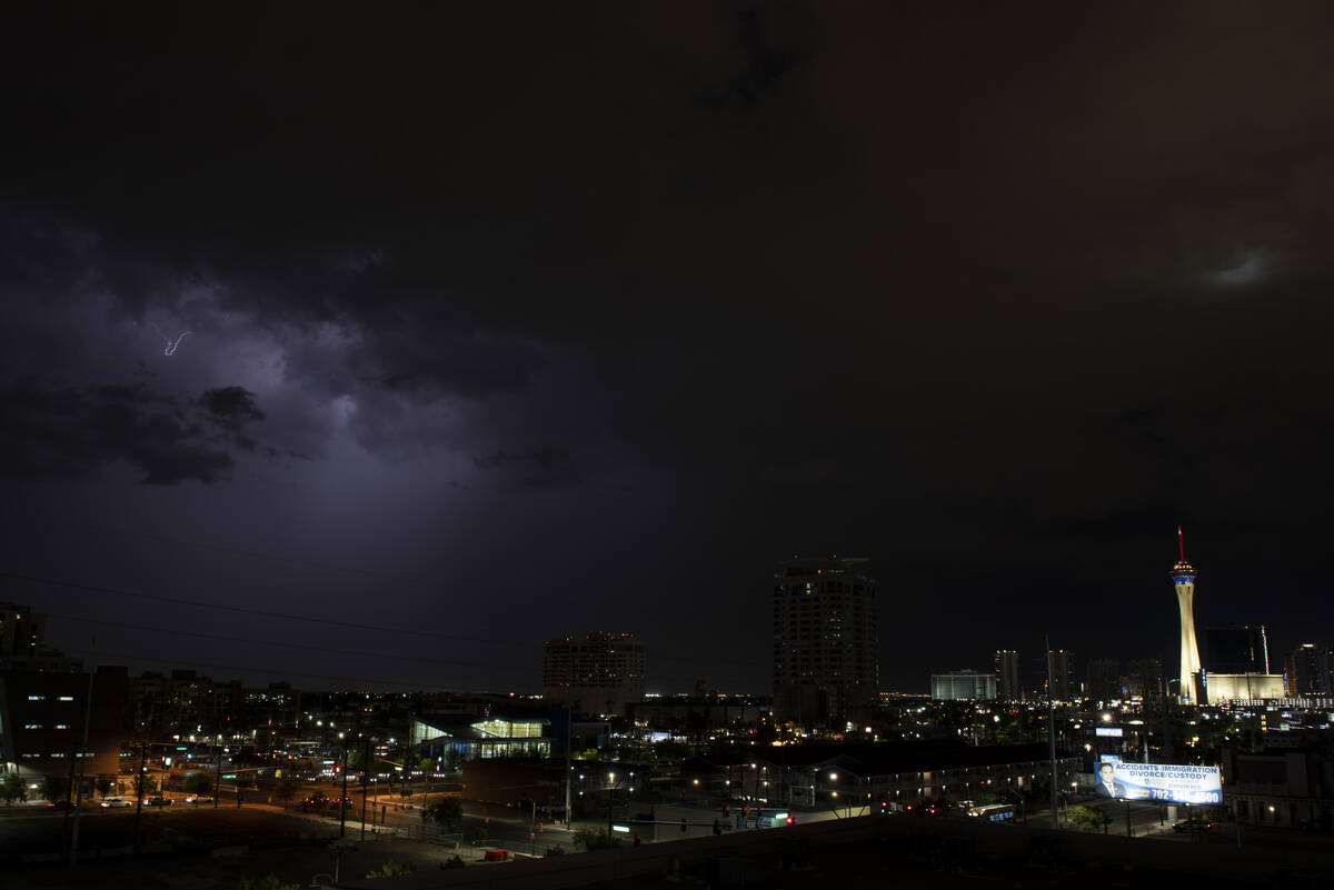 Lightning strikes cause the sky to glow over Las Vegas on Wednesday, July 27, 2022. (Steel Broo ...